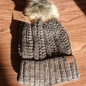 Knit lined hat with Faux Fur Pom